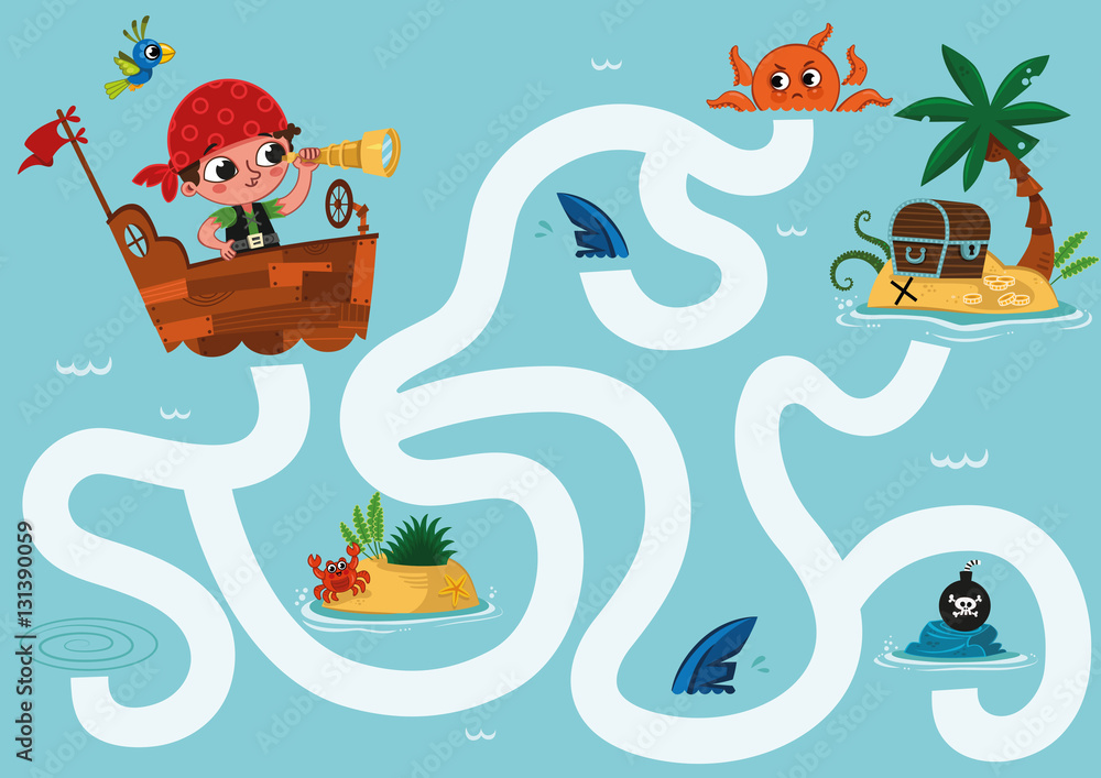A pirate in the maze. Educational maze game for children. Can you help ...