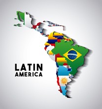 Map Of Latin America With The Flags Of Countries. Colorful Design. Vector Illustration