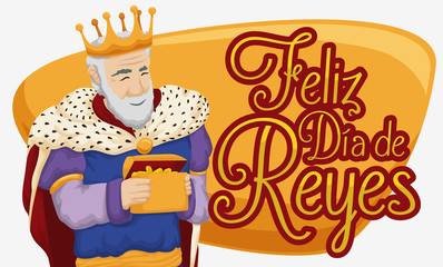 Melchior Magi with Gold Celebrating Epiphany or Dia de Reyes, Vector Illustration