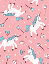 Vector Seamless Pattern With Unicorn, Magic Wand And Crystal On The Pink Background. Fantasy Childish Fabric Design.
