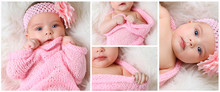 Cute Little Baby Girl Wrapped In Pink Crochet In Close-up