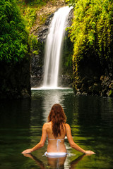 Wall Mural - Young woman in bikini standing at Wainibau Waterfall on Taveuni