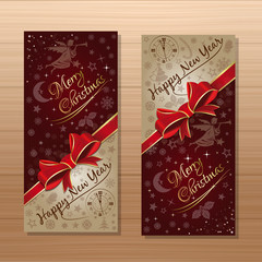 Wall Mural - Christmas banner set. Merry Christmas and Happy New Year. Dark-red and beige background with angel, antique clock and Christmas decorative elements. Vector gift card