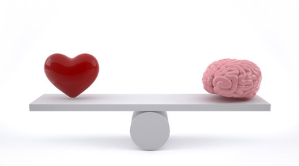 brain and heart on a balance scale.