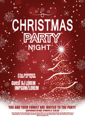 Wall Mural - Vector Christmas night party poster on the dark red gradient background with Christmas tree, snowflakes pattern and snowfall.