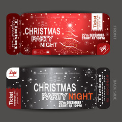 Wall Mural - Vector Christmas night party ticket on the dark red and gray gradient background with Christmas tree, snowflakes and snowfall.