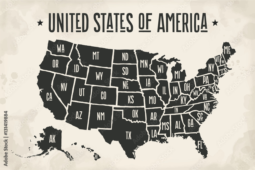 Poster map of United States of America with state names. Black and white print map of USA for t-shirt, poster or geographic themes. Hand-drawn font and black map with states. Vector Illustration - obrazy, fototapety, plakaty 