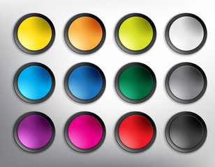 Wall Mural - Abstract vector web buttons set of 12. Set of blank colorful and round paper buttons for website or app. Isolated with realistic light and shadow on the white background. Vector illustration. Eps10.