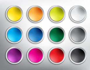 Wall Mural - Abstract vector web buttons set of 12. Set of blank colorful and round paper buttons for website or app. Isolated with realistic light and shadow on the white background. Vector illustration. Eps10.