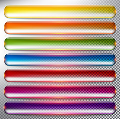 Wall Mural - Abstract vector web buttons set of 7. Isolated with realistic, transparent glass shine and shadow on the light background. Vector illustration. Eps10.