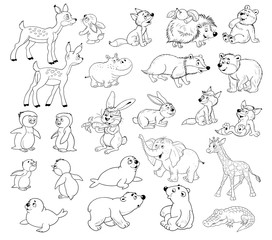  Set of cute baby animals. Coloring page. Deer, fox, penguin, hippo, rabbit, bear, giraffe, crocodile, elephant