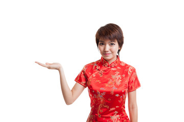 Sticker - Asian girl in chinese cheongsam dress present blank space with h