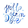 © Margosoleil - Watercolor lettering illustration with a phrase Hello december. Hand written    texture blue color. Isolated on white background for poster and greeting card design.
