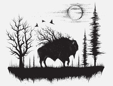 Abstract Buffalo Walking In The Strange Forest