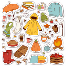 Autumn Icons Stickers Hand Drawn Vector.
