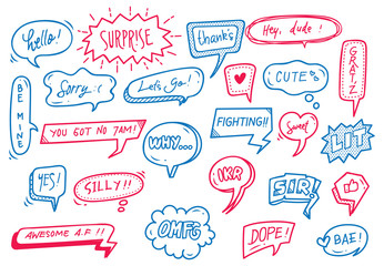 Wall Mural - set of cute speech bubble with text in doodle style