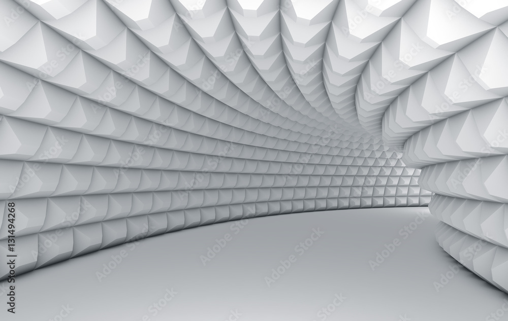 Abstract white tunnel with pyramid textured walls. - obrazy, fototapety, plakaty 