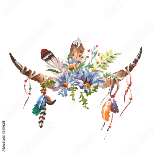Watercolor vintage floral bouquets with animal horns Plakat