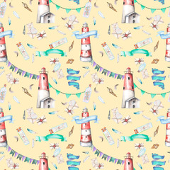 Seamless pattern with watercolor elements to the marine theme: lighthouse, shells, flags, seagulls, letters and others; hand painted on a yellow background