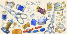 Banner Of Various  Hand Drawn Vintage Objects For Sewing, Handicraft And Handmade. Hand Drawn Watercolor Painting On Yellow Background.