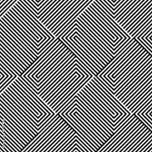 Plakat Abstrakcjonistyczny wektorowy bezszwowy op sztuki wzór z rhombus. Monochromatyczny graficzny czarno-biały ornament. Paski złudzenie optyczne powtarzające się tekstury.