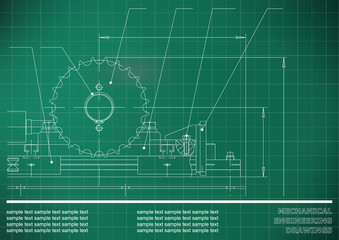 Mechanical drawings on a green, white background. Engineering illustration. Vector