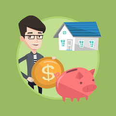 Wall Mural - Man puts money into piggy bank for buying house.