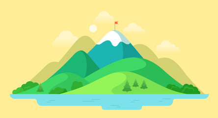 Flat mountain peak nature water landscape vector Summer vacation