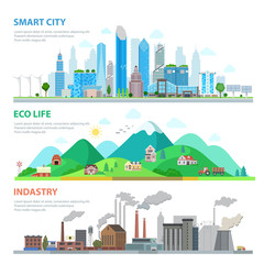 Flat Smart city Eco life Industry nature pollution concept