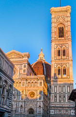 Canvas Print - FLORENCE, ITALY - Oct 10, 2016. cathedral Santa Maria del Fiore (Duomo), Giotto's bell tower (campanile) and Baptistery of St. John from Piazza del Duomo on Oct 10, 2016 Florence, Tuscany, Italy