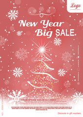 Wall Mural - Vector Christmas big sale promotional red poster with Christmas tree, snowflakes and snowfall on the gradient background.