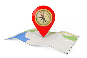 Leinwandbilder - Folded Abstract Navigation Map with Target Pin and Compass. 3d R