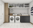 3d rendering wood minimal laundry room with shelf and plant
