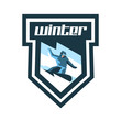 Logo for winter sports. Label, stamp. Snowboarder descends a slope, snow lava mountain. Sports lifestyle. Vector illustration