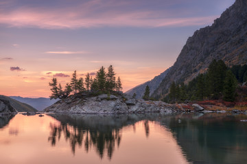 Wall Mural - Sunset Mountain Lake With Pink Calm Waters, Altai Mountains Highland Nature Autumn Landscape Photo