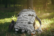 Military Bag And Canteen On Grass Near Tree, Close Up View