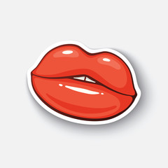 Wall Mural - Vector illustration. Female red lips. Sexy kiss. Cartoon funny sticker in comic style with contour. Decoration for greeting cards, posters, patches and prints for clothes, flyers, emblems