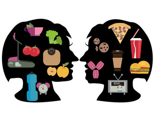 lifestyle - healthy and harmful. Fast-food or healthy food? vegetarian concept. Two silhouette head girl of her way of life