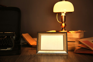 Wall Mural - Vintage frame, lamp, crate and book on floor