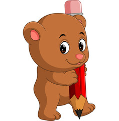 Sticker - Cute bear cartoon holding pencil

