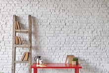 White Brick Wall And Red Table Concept