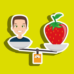 Sticker - woman cartoon fruit strawberry food balance vector illustration