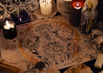 Wall Mural - Close up of demon drawing on old parchment and magic ritual objects