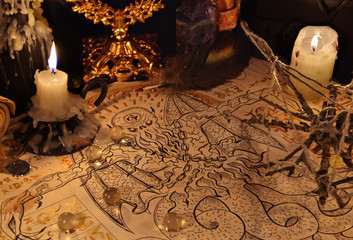 Wall Mural - Close up of demon parchment and candles