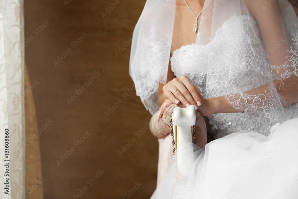Hands of bride with ring on finger