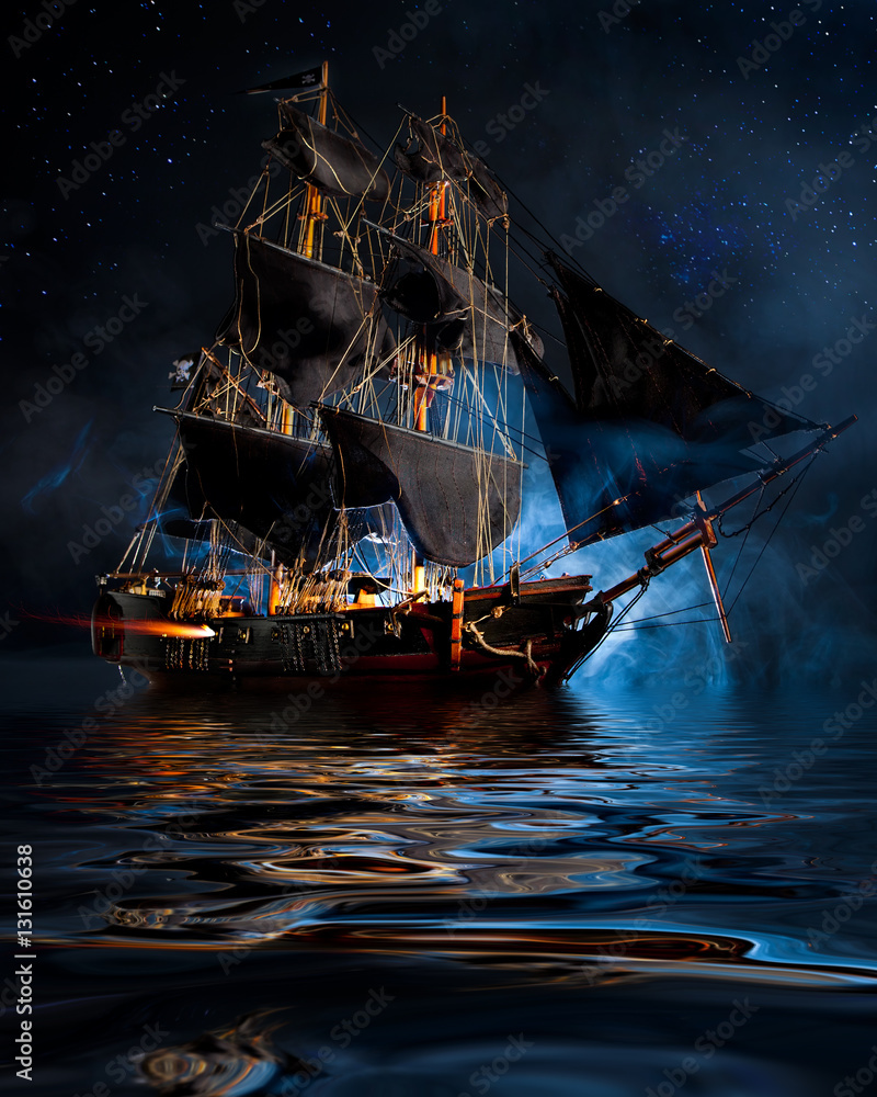 Model Pirate Ship with fog and water - obrazy, fototapety, plakaty 