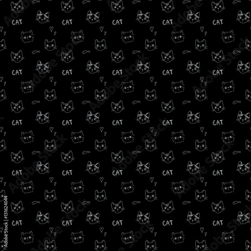 トレンドのおしゃれな落書き風 猫柄シームレスパターン 黒背景 アニマル柄 Stock Illustration Adobe Stock