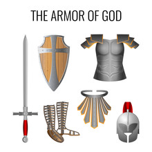 Armor Of God Elements Set Isolated On White. Vector