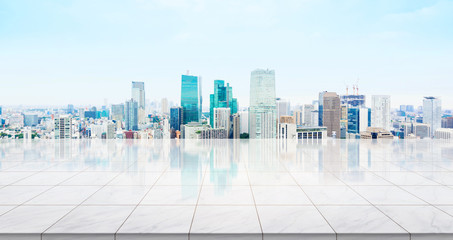 Wall Mural - Business concept - Empty marble floor top with panoramic modern cityscape building bird eye aerial view under sunrise and morning blue bright sky of Tokyo, Japan for display or montage product