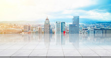 Business Concept - Empty Marble Floor Top With Panoramic Modern Cityscape Building Bird Eye Aerial View Under Sunrise And Morning Blue Bright Sky Of Taipei, Taiwan For Display Or Montage Product